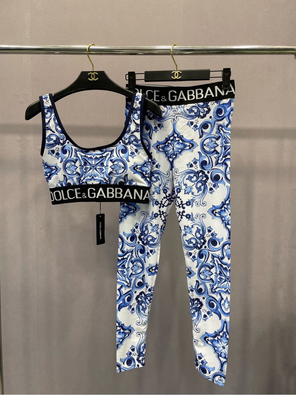 Dolce & Gabbana Blue and White Printed Sports Bra & Leggings Set